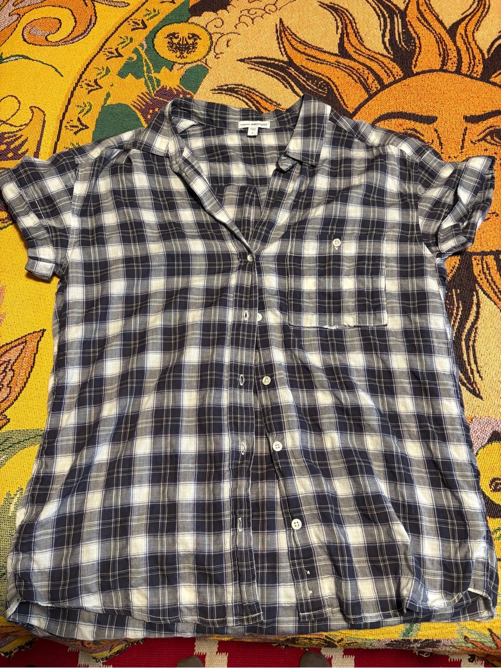 James Perse Navy and White Plaid Short Sleeve Button-Down